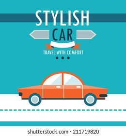Car on the road. Stylish car, travel with comfort. Flat design background template. Vector illustration
