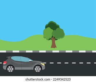 un coche en la carretera y un árbol en la carretera