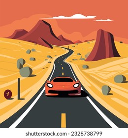 Car on Road Trip with Mountains in the Background Flat Illustration