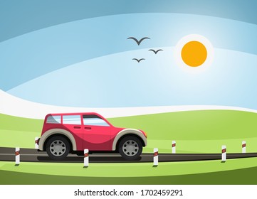 Car on Rural Road Vector Illustration. Green Field and Sun on Sky on Background.