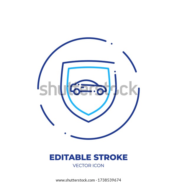 Car on shield line art vector\
icon with editable stroke. Outline symbol of vehicle protection.\
Security pictogram made of thin stroke. Isolated on\
background.