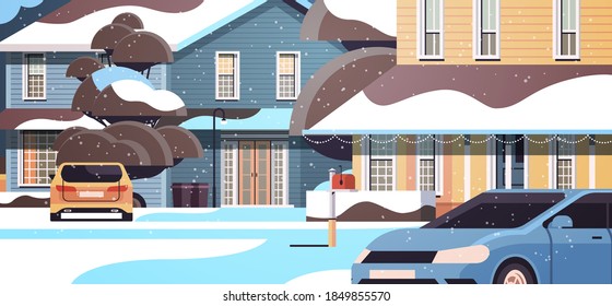 car on snow covered house yard in winter season house building with decorations for new year and christmas celebration horizontal vector illustration