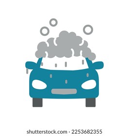 Car on soap icon. Vehicle washing and cleanliness. Graphic element for website. Logotype for company and organization, branding. Bubbles and water. Cartoon flat vector illustration