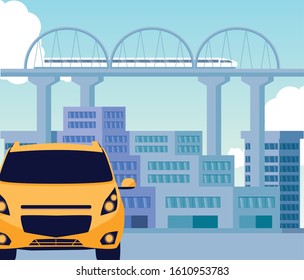 Car on the street in front of buildings design, Vehicle automobile auto transportation transport wheel automotive and speed theme Vector illustration