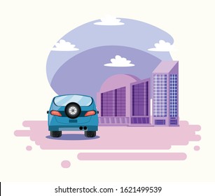 Car on the street in front of buildings design, Vehicle automobile auto transportation transport wheel automotive and speed theme Vector illustration