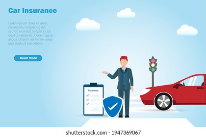 Car on street with insurance agent  under protection from insurance policy. Car accident, traveling and car insurance concept.
