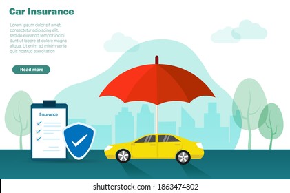 Car on street under protection from insurance policy, umbrealla and shield. Car accident, travel and car insurance concept.