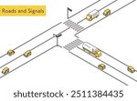 Car on T-junction with traffic light, Isometric illustration with simple line drawings, Vector Illustration