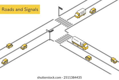 Car on T-junction with traffic light, Isometric illustration with simple line drawings, Vector Illustration