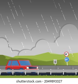 a car on the toll road when it rains illustration. perfect for post social media information