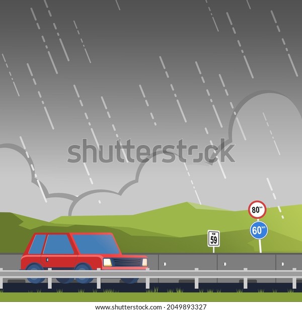 a car on the toll road when it\
rains illustration. perfect for post social media\
information