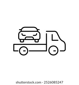 Car on tow truck. Roadside assistance, long-distance vehicle delivery. Pixel perfect, editable stroke icon