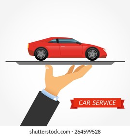 Car on a tray. The concept car sales, car rental, car service