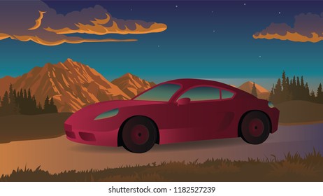 the car is on its way, on a background of mountains and clouds and sunset,vector,illustration.