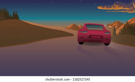 the car is on its way, on a background of mountains and clouds and sunset,vector.