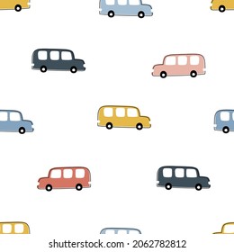 Car on white background seamless pattern for children hand drawn in cartoon style designs used for textiles, clothing styles, fashion, wallpaper Vector Illustration