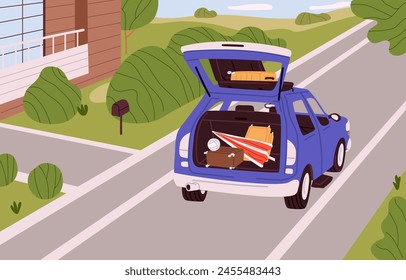 Coche con puerta trasera abierta se encuentra en la calle, espera de embalaje de equipaje para viajar. Carga de equipaje en el maletero del automóvil para moverse o salir para el viaje en automóvil, viaje por carretera de vacaciones. Ilustración vectorial plana