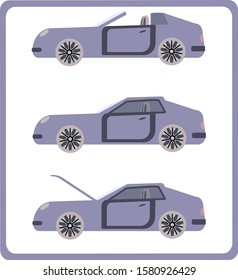 Car with open, closed top and raised hood. luxury transport. simple vector 