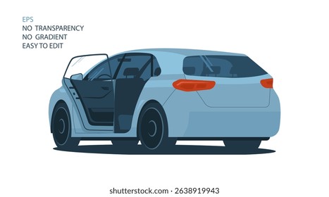 Car with open door. 3\4 view from the rear. Vector illustration.