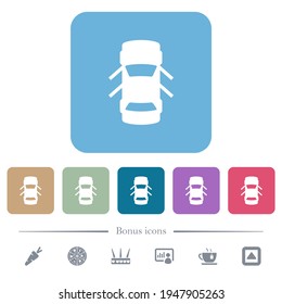 Car open doors dashboard indicator white flat icons on color rounded square backgrounds. 6 bonus icons included