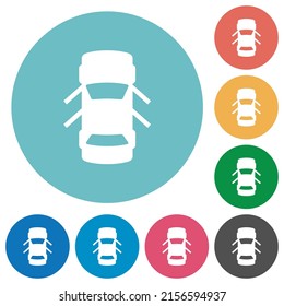 Car open doors dashboard indicator flat white icons on round color backgrounds