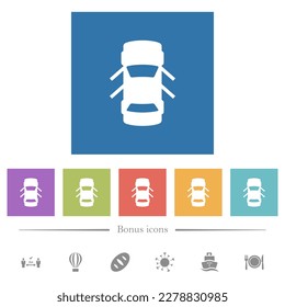 Car open doors dashboard indicator flat white icons in square backgrounds. 6 bonus icons included.