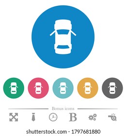 Car open front doors dashboard indicator flat white icons on round color backgrounds. 6 bonus icons included.