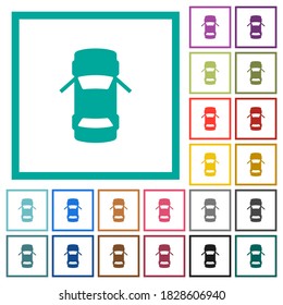 Car open front doors dashboard indicator flat color icons with quadrant frames on white background