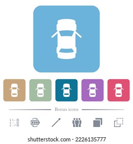 Car open front doors dashboard indicator white flat icons on color rounded square backgrounds. 6 bonus icons included
