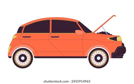 Auto mit offener Haube 2D lineares Cartoon-Objekt. Auto-Motor-Diagnose. Fahrzeugwerkstatt isolierte Linie Vektorgrafik Element weiß Hintergrund. Farbflache Spot-Illustration für unterbrochene Transportprüfung