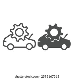 Car with open hood and cogwheel line and solid icon, repair service concept. Vector graphics. Automobile engine, mechanic repair sign on white background, outline style icon for mobile or web design