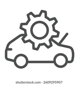 Car with open hood and cogwheel line icon, repair service concept. Vector graphics. Automobile engine, mechanic repair sign on white background, outline style icon for mobile or web design