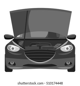 Car with open hood icon. Gray monochrome illustration of car with open hood vector icon for web