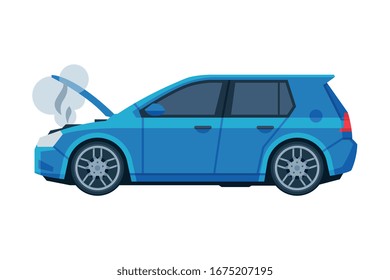 Car with Open Hood with Steam Coming out of the Radiator, Auto Accident Flat Vector Illustration