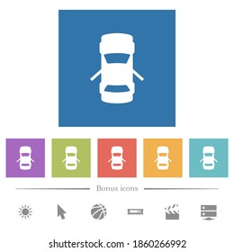 Car open rear doors dashboard indicator flat white icons in square backgrounds. 6 bonus icons included.