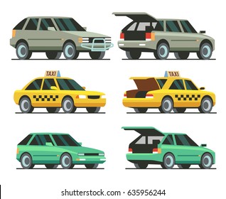 Car with open trunk and closed trunk. SUV car, taxi, passenger car. Isolated on white background. Vector Illustration.