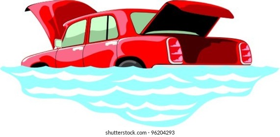car with opened hood and trunk flooded in the water