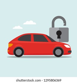Car with openned padlock icon. Vector illustration for insurance service.