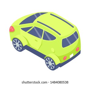 Car with ordinary design, isolated 3d green car ecological way of transportation, isometric transport, eco transport etransport of future. contemporary auto. Vector illustration in flat cartoon style