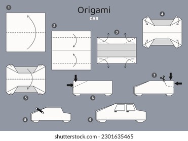 Car origami scheme tutorial moving model on grey backdrop. Origami for kids. Step by step how to make a cute origami automobile. Vector illustration.