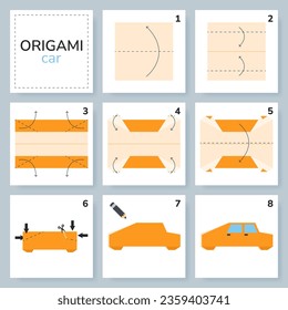 Car origami scheme tutorial moving model. Origami for kids. Step by step how to make a cute origami automobile. Vector illustration.