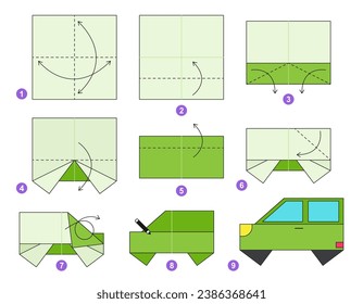 Car origami scheme tutorial moving model. Origami for kids. Step by step how to make a cute origami transport. Vector illustration.