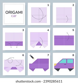 Car origami scheme tutorial moving model. Origami for kids. Step by step how to make a cute origami transport. Vector illustration.