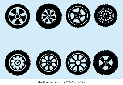 Car and other vehicle wheel flat icons set on white background. Multiple style tyre and wheel for gaming and other designing. Editable vector, easy to reuse. eps 10.