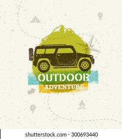 Car Outdoor Mountain Adventure. Creative Vector Travel Concept On Old Paper Background