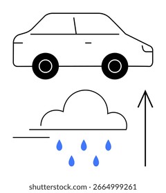 Esquema del coche por encima de una nube de lluvia con gotas de lluvia y una flecha hacia arriba. Ideal para el pronóstico de Clima, industria automotriz, viajes, logística de transporte, conciencia ambiental, materiales educativos
