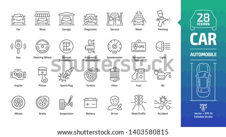 Car outline icon set with basic automotive symbols: automobile, auto service, wash & shop, vehicle repair, wheel & tire, oil & fuel, engine, piston, transmission, filter and more editable stroke sign.