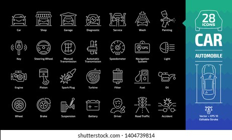 Car outline icon set on a black background with basic automotive symbols: automobile, auto service, wash & shop, vehicle repair, speedometer, nevigation system, light and more editable stroke sign.