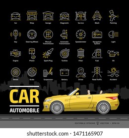 Car Outline Icon Set On A Black Background With Yellow Convertible Mockup And Basic Automotive Symbols: Automobile, Auto Service, Wash & Shop, Vehicle Repair, Wheel & Tyre Editable Stroke Line Signs.