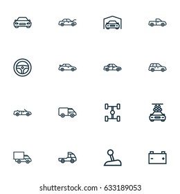 Car Outline Icons Set. Collection Of Caravan, Bonnet, Automobile And Other Elements. Also Includes Symbols Such As Prime, Battery, Lorry.